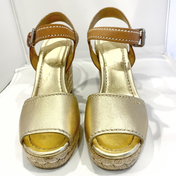PRADA WEDGE ESPADRILLES  SANDALS - GOLD LEATHER  Size 39 - Picture 1 of 4